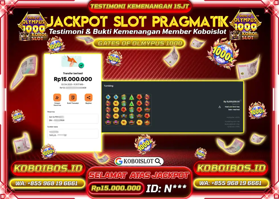 BUKTI KEMENANGAN N*** SLOT GATES OF OLYMPUS 1000 Rp15.000.000,- LUNAS
