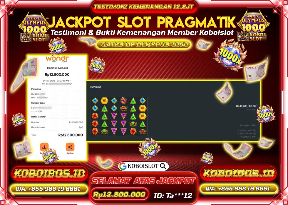 BUKTI KEMENANGAN SLOT GACOR GATES OF OLYMPUS 1000 Rp12.800.000,- LUNAS
