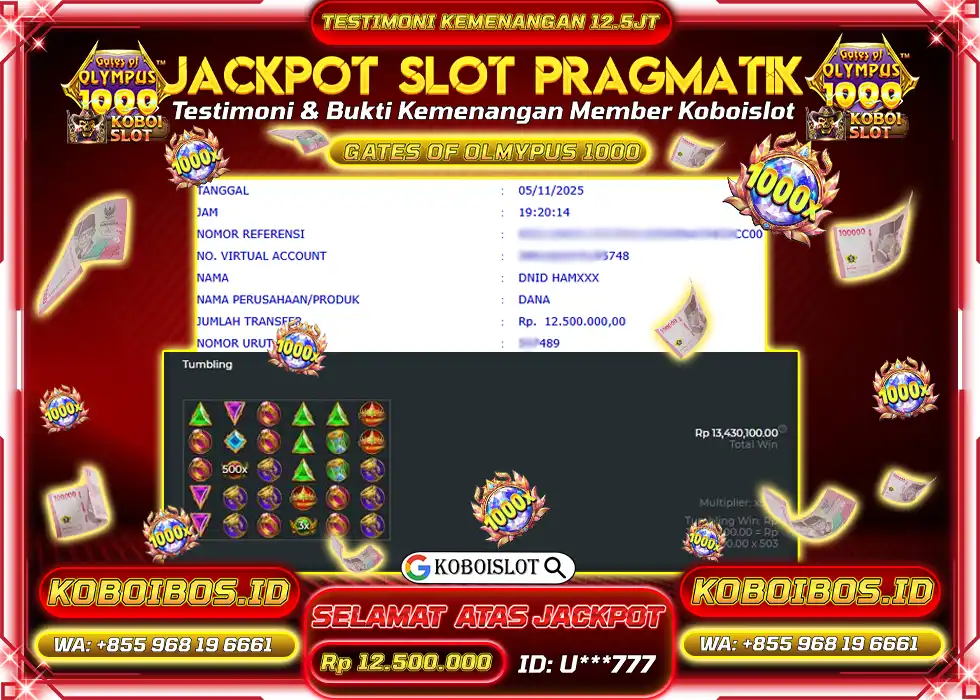 BUKTI KEMENANGAN U*** SLOT GACOR GATES OF OLYMPUS 1000 Rp12.500.000,- LUNAS