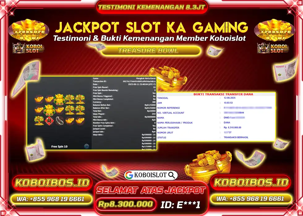 BUKTI KEMENANGAN SLOT GACOR TREASURE BOWL Rp8.300.000,- LUNAS
