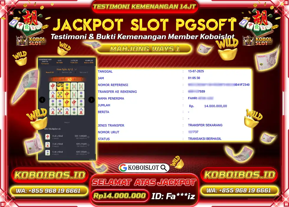 BUKTI KEMENANGAN Fa*** SLOT GACOR MAHJONG WAYS 1 Rp14.000.000,- LUNAS