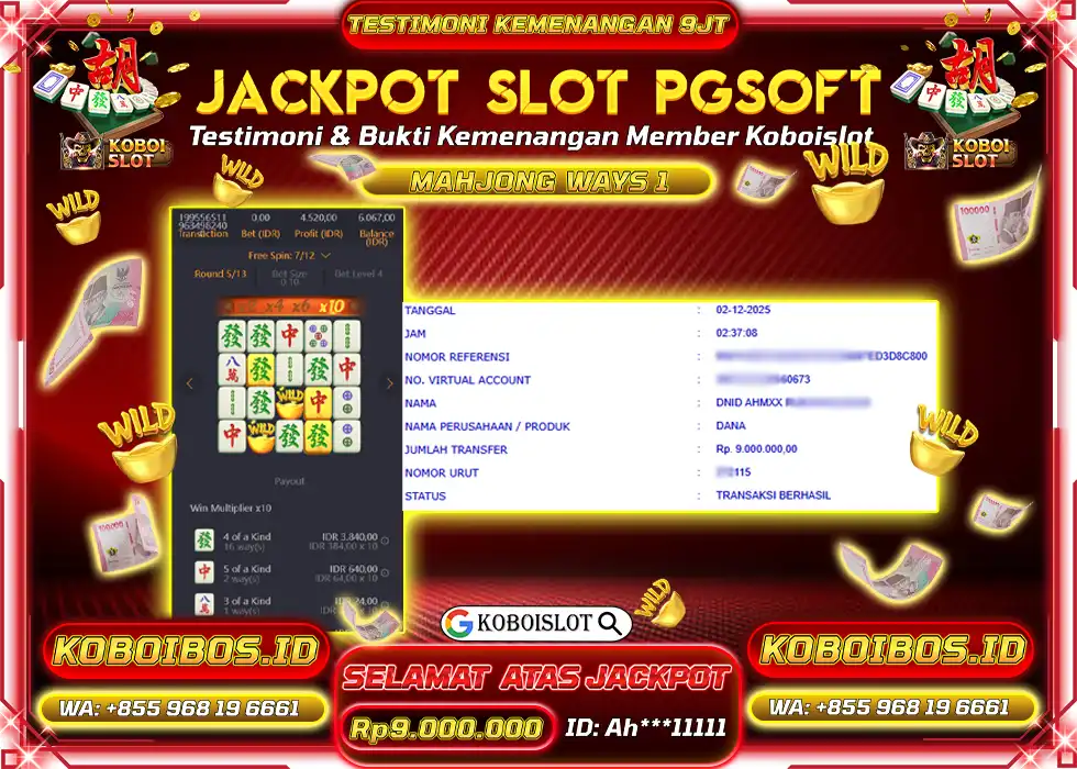 BUKTI KEMENANGAN Ah*** SLOT GACOR MAHJONG WAYS 1 Rp9.000.000,- LUNAS