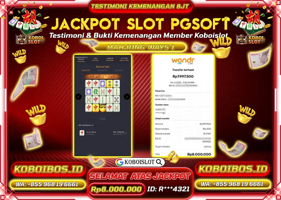 BUKTI KEMENANGAN R*** SLOT GACOR MAHJONG WAYS 1 Rp8.000.000,- LUNAS