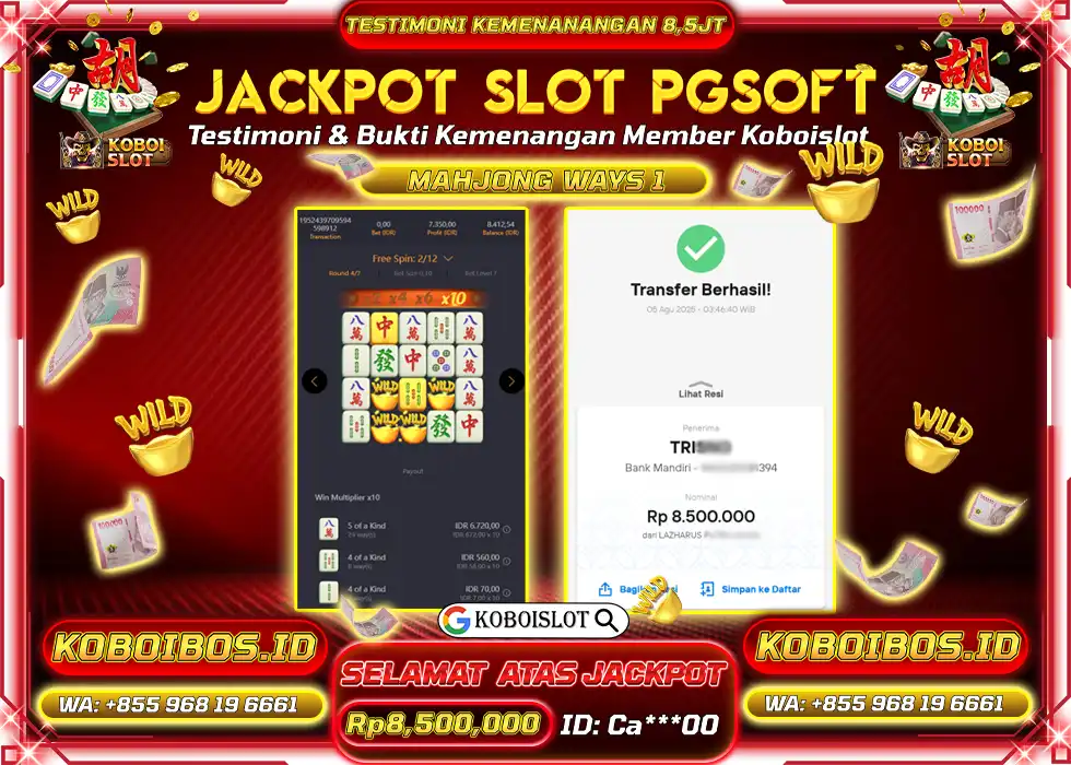 BUKTI KEMENANGAN Ca*** SLOT GACOR MAHJONG WAYS 1 Rp8.500.000,- LUNAS