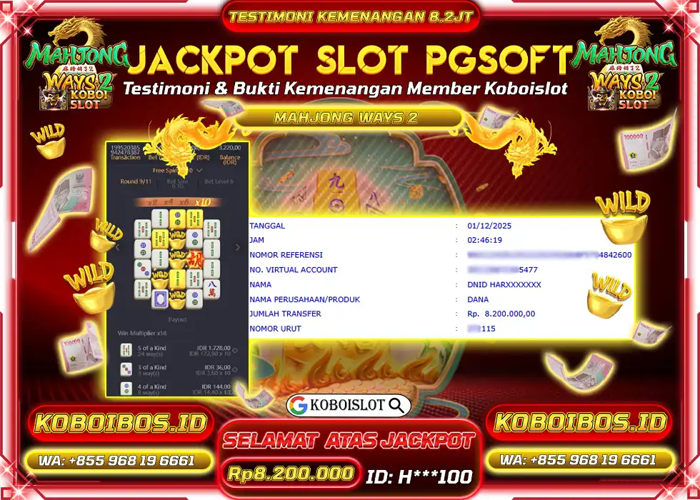 BUKTI KEMENANGAN H*** SLOT GACOR MAHJONG WAYS 2 Rp8.200.000,- LUNAS