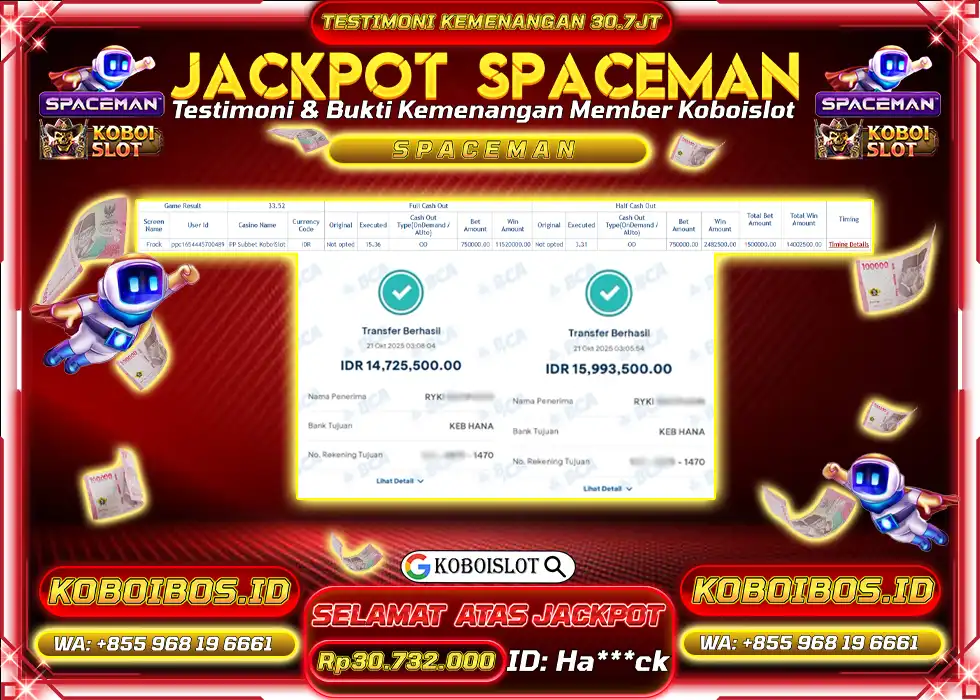 BUKTI KEMENANGAN CRASH GAME SPACEMAN Rp30.732.000,- LUNAS