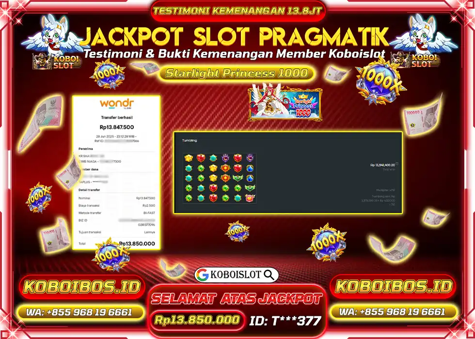 BUKTI KEMENANGAN SLOT GACOR STARLIGHT PRINCESS 1000 Rp13.850.000,- LUNAS