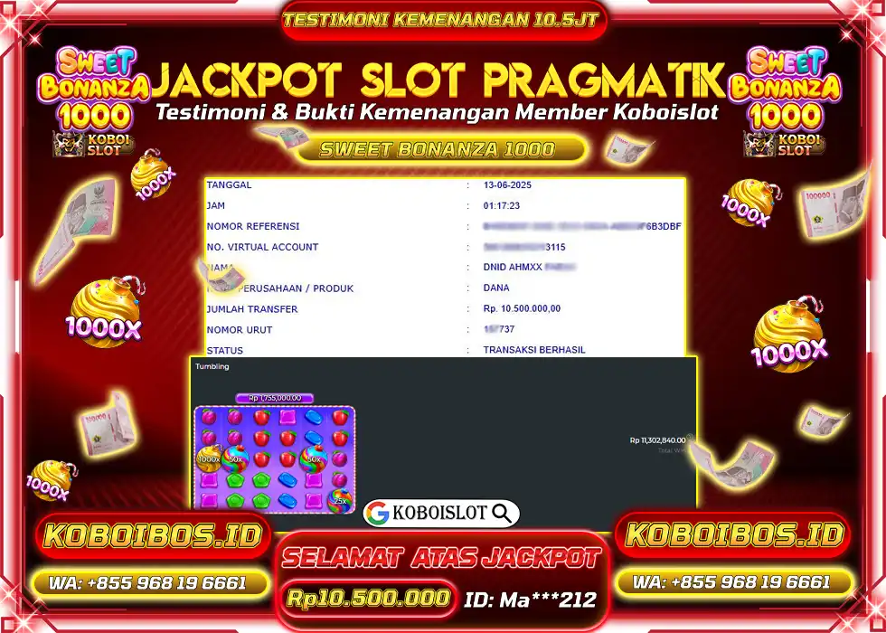 BUKTI KEMENANGAN SLOT GACOR SWEET BONANZA 1000 Rp10.500.000,- LUNAS