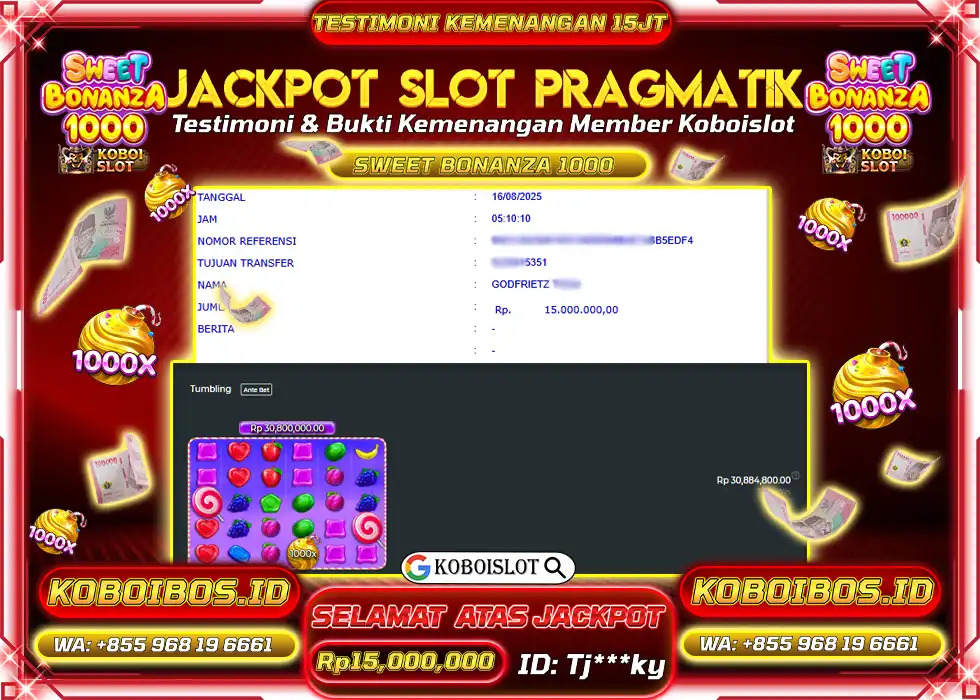 BUKTI KEMENANGAN SLOT GACOR SWEET BONANZA 1000 Rp15.000.000,- LUNAS