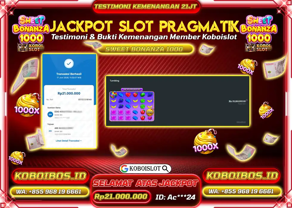BUKTI KEMENANGAN SLOT GACOR SWEET BONANZA 1000 Rp21.000.000,- LUNAS