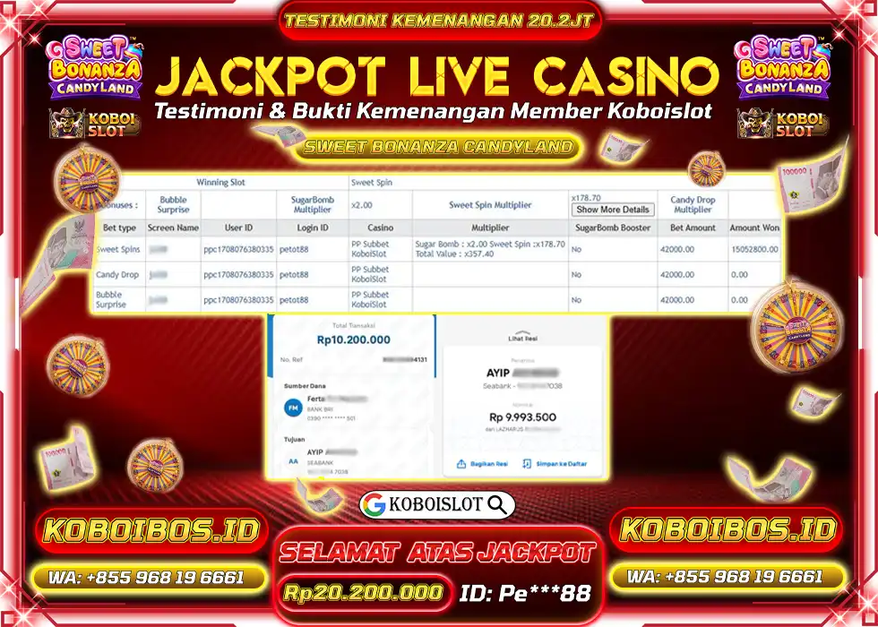 BUKTI KEMENANGAN LIVE CASINO SWEET BONANZA CANDYLAND Rp20.200.000,- LUNAS