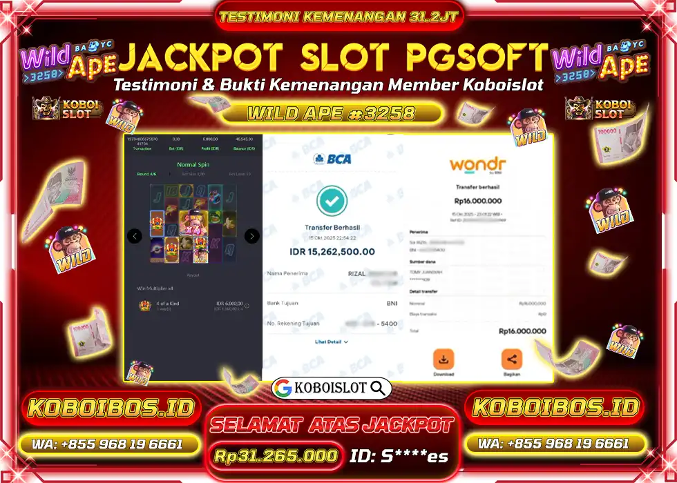 BUKTI KEMENANGAN SLOT GACOR WILD APE #3258 Rp31.265.000,- LUNAS