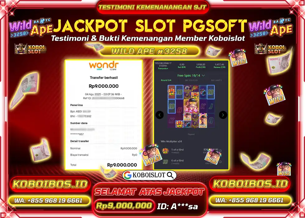 BUKTI KEMENANGAN SLOT GACOR WILD APE #3258 Rp9.000.000,- LUNAS