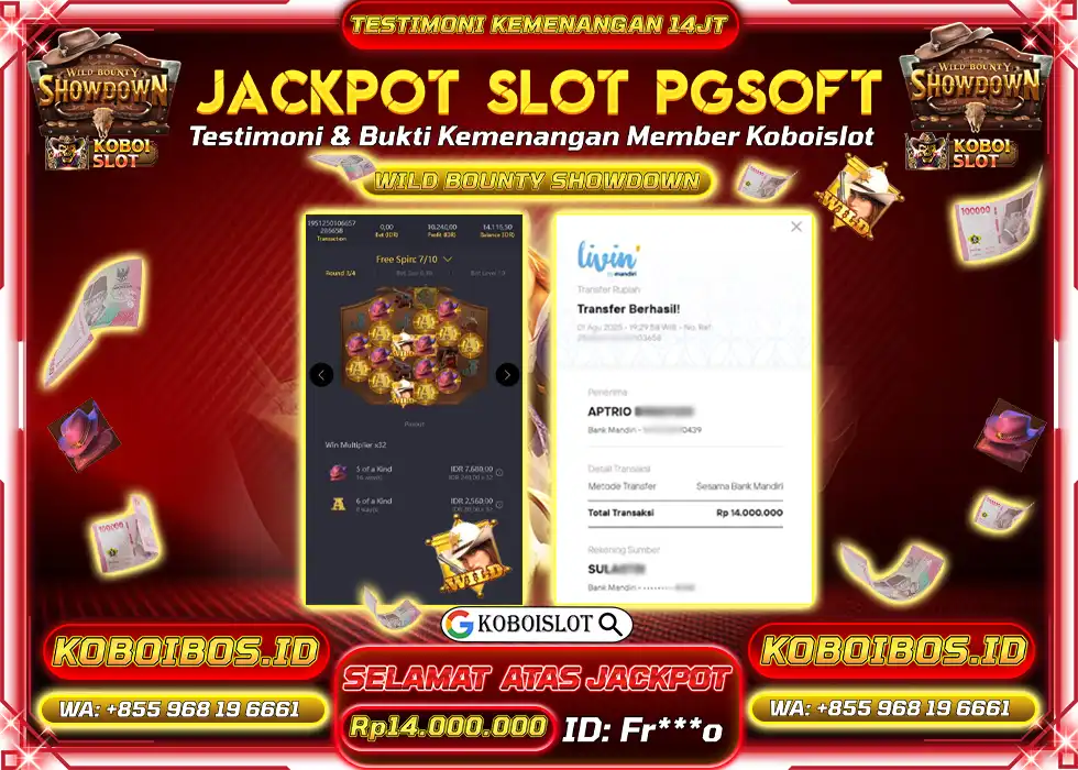 BUKTI KEMENANGAN SLOT GACOR WILD BOUNTY SHOWDOWN Rp14.000.000,- LUNAS